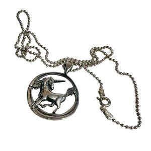 Vtg Unisex Italian Silver Unicorn Pendant Necklace Amulet 16" ball Chain signed